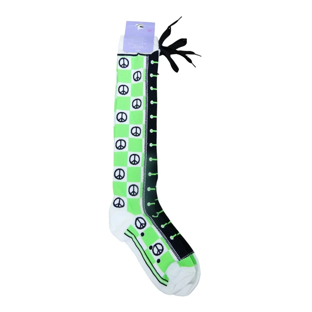 Claire's Knee High Socks Womens 9-11 Green NWT Peace Sign Checkered Lace Up